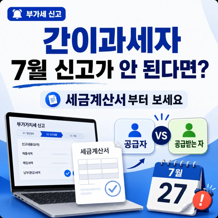 간이과세자 부가세 7월 신고가 막혔을 때 세금계산서의 공급자와 공급받는 자 두 칸을 먼저 확인하라는 내용을 담은 가로형 안내 이미지
