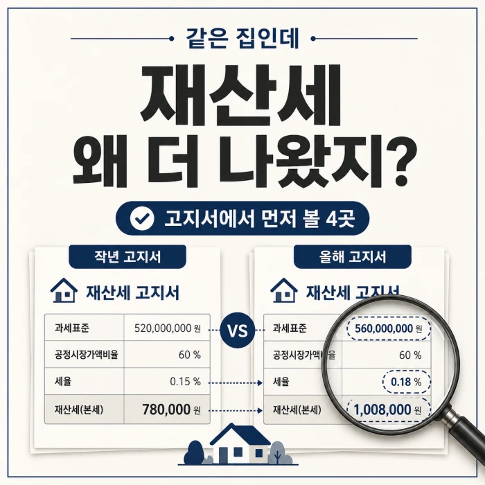 작년과 올해 재산세 고지서를 비교하며 재산세가 더 나온 이유를 확인하는 이미지