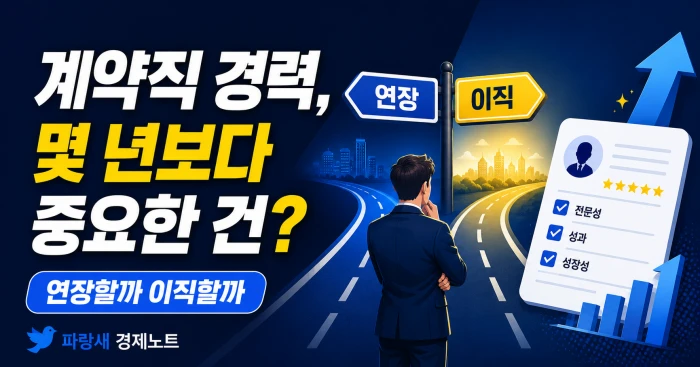 계약직 경력에서 연장과 이직 사이를 고민하며, 몇 년보다 더 중요한 기준을 보여주는 가로형 이미지