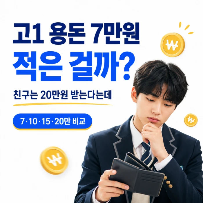 교복을 입은 고등학생이 지갑을 보며 고민하는 모습과 함께 고1 용돈 7만 원이 적은지 묻는 정사각형 이미지