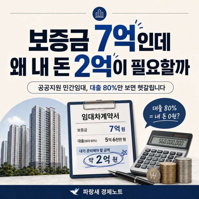 공공지원 민간임대 보증금 7억원과 전세대출 후 필요한 자기자금 2억원 계산 이미지