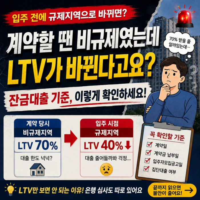 계약 당시 비규제지역이던 아파트가 입주 전 규제지역으로 바뀌었을 때 LTV와 잔금대출 기준을 확인해야 한다는 안내 이미지