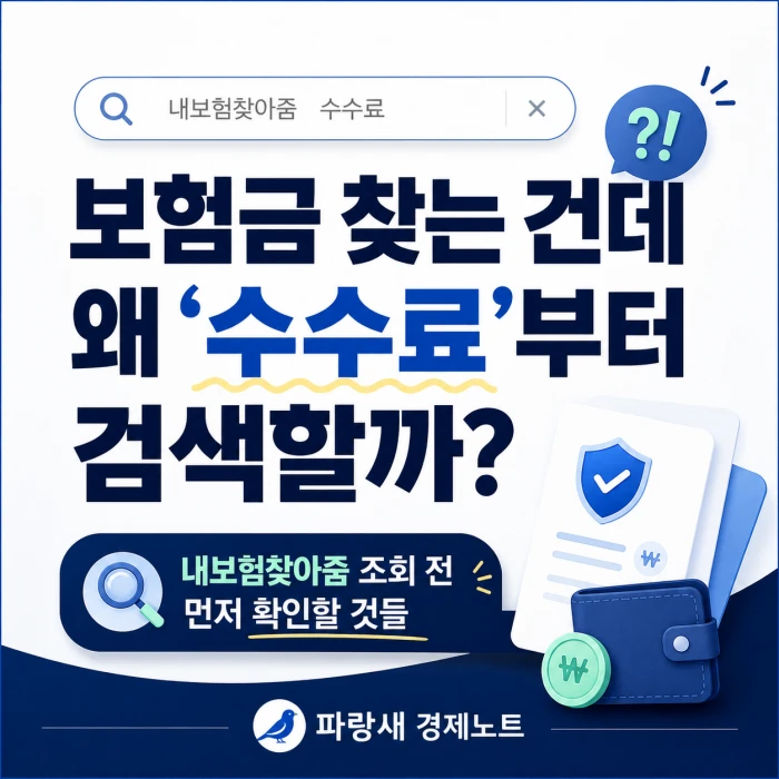 내보험찾아줌 수수료를 검색하는 화면과 보험금 조회 전 확인할 내용을 강조한 파랑새 경제노트 이미지