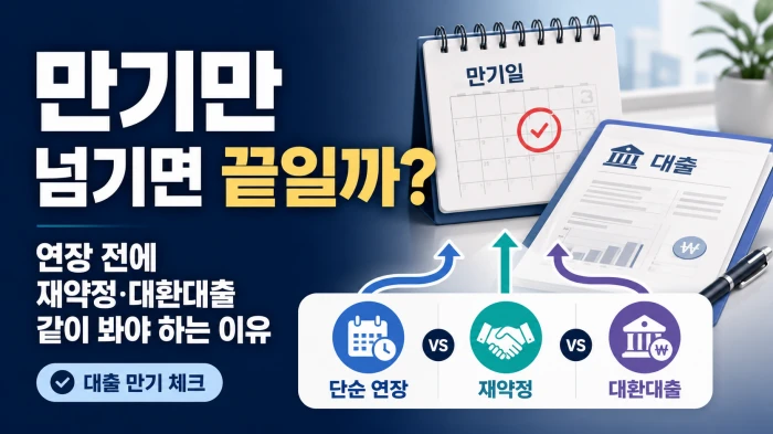 대출 만기일을 앞두고 단순 연장, 재약정, 대환대출 선택지를 비교하는 가로형 이미지