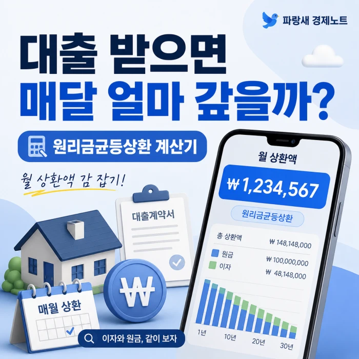 원리금균등상환 계산기로 대출받기 전 월 상환액과 총 이자를 확인하는 안내 이미지