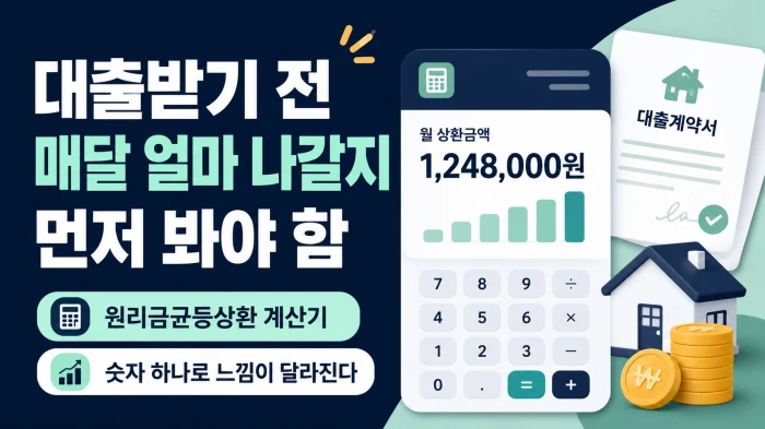대출받기 전 매달 얼마가 나가는지 원리금균등상환 계산기로 확인하는 가로형 이미지