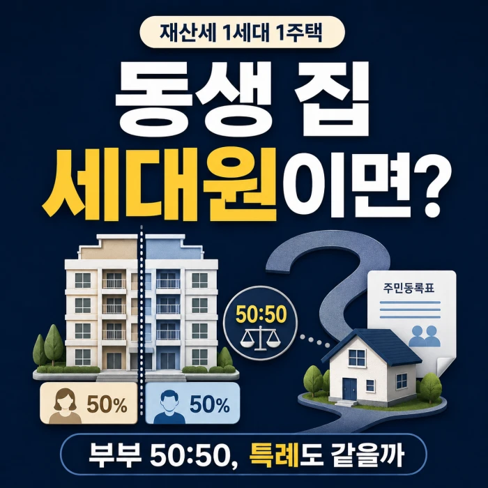 재산세 1세대 1주택 공동명의 아파트와 동생 집 세대원 관계를 표현한 이미지