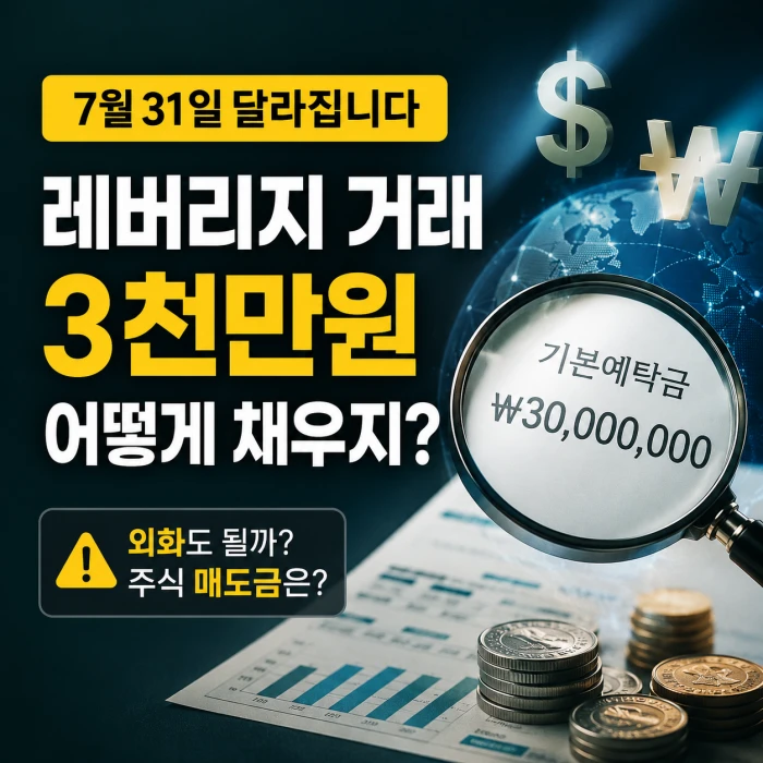 레버리지 거래 기본예탁금 3천만 원을 외화와 주식 매도대금으로 채울 수 있는지 설명하는 금융 뉴스형 이미지