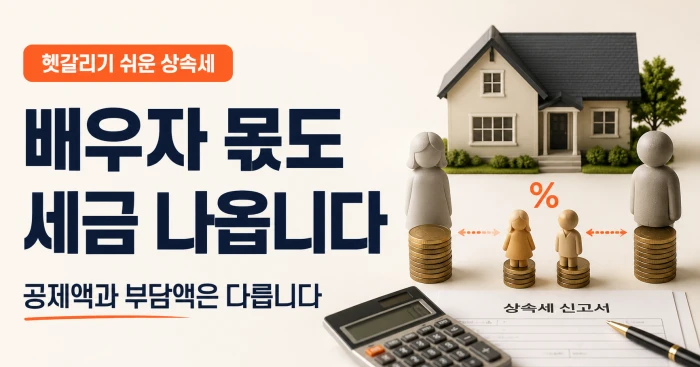 배우자 몫에도 상속세가 나올 수 있으며 공제액과 부담액은 다르다는 점을 설명하는 가로형 상속세 이미지