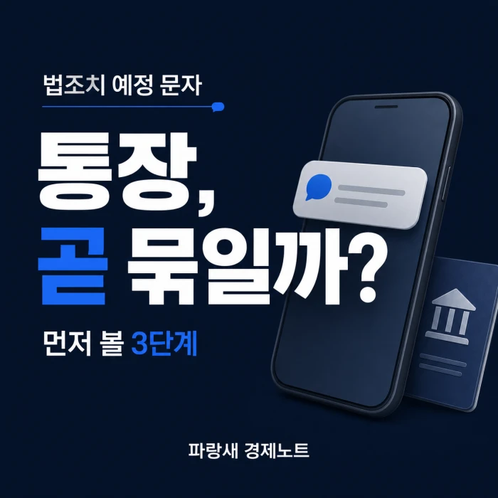 법조치 예정 문자와 통장압류 여부를 확인할 세 단계를 표현한 정사각형 이미지