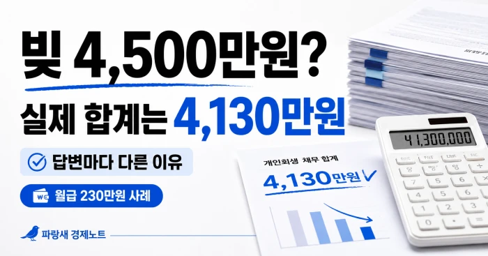 빚 4,500만 원으로 보였지만 실제 채무 합계는 4,130만 원이라는 점을 강조한 가로형 이미지. 답변마다 금액이 달라지는 이유와 월급 230만 원 사례가 함께 표시되어 있다.