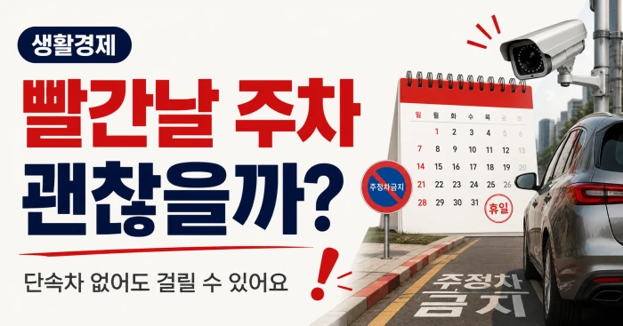 공휴일 주차단속 관련 가로형 썸네일 이미지. “빨간날 주차 괜찮을까?”라는 큰 문구와 함께 CCTV, 달력, 주정차금지 표지판, 도로 위 주정차 금지 표시, 주차된 차량이 함께 표현돼 있다.
