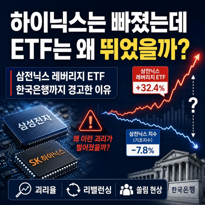 삼전닉스 레버리지 ETF에서 하이닉스 주가는 하락했는데 ETF 가격은 상승한 괴리율 논란을 보여주는 이미지