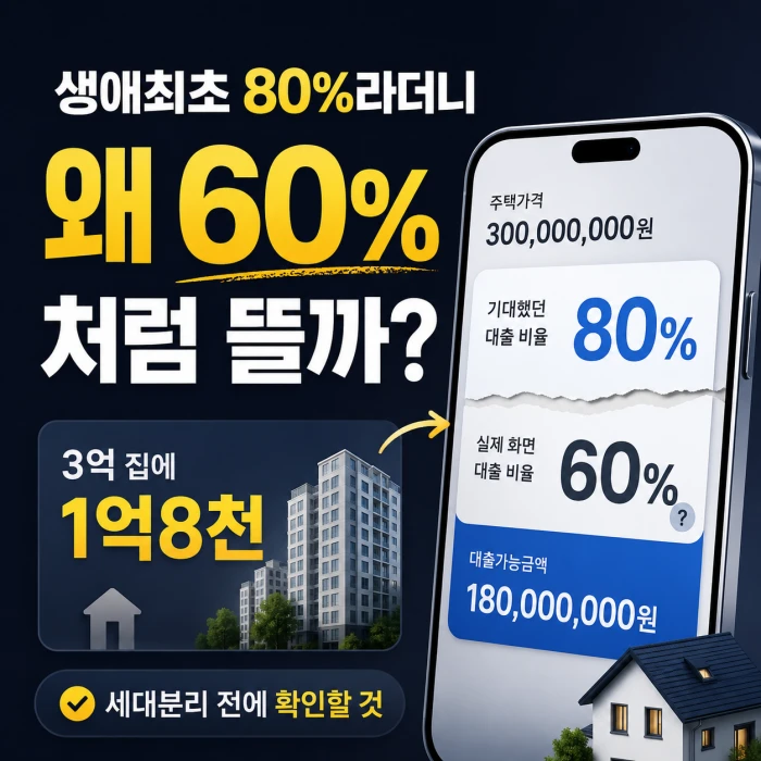 생애최초 보금자리론 80%를 기대했지만 실제 화면에는 60%처럼 보이는 대출가능금액 1억8천만원이 표시된 상황을 설명하는 정사각형 이미지