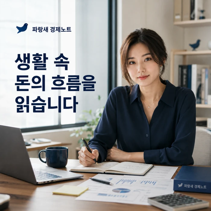 파랑새 경제연구소 사무실에서 생활경제 자료를 소개하는 여성과 파랑새 경제노트 메인 문구