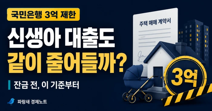 주택 매매계약과 신생아 대출, 국민은행 주담대 3억 제한을 표현한 가로 이미지