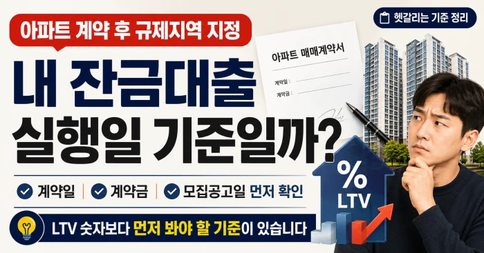 아파트 계약 후 규제지역으로 지정된 경우 잔금대출 실행일 기준인지 계약일과 모집공고일을 먼저 확인해야 한다는 설명 이미지