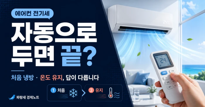 에어컨 처음 냉방과 온도 유지 단계별 전기세 절약 설정을 설명한 이미지
