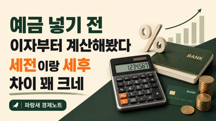 예금 가입 전 세전 이자와 세후 이자 차이를 계산해보는 상황을 보여주는 가로형 금융 이미지