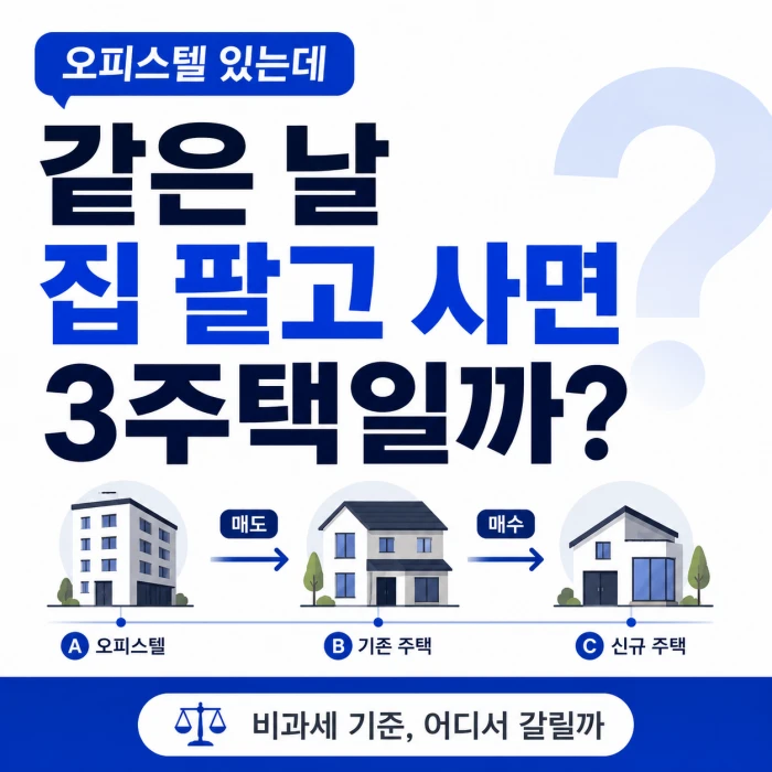 오피스텔 보유자가 같은 날 기존 주택을 팔고 새집을 살 때 3주택 여부를 설명한 이미지