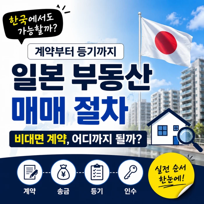 외국인의 일본 주택 매수 가능 여부와 매물 확인, 송금, 계약, 등기, 취득 후 관리 절차를 안내하는 이미지