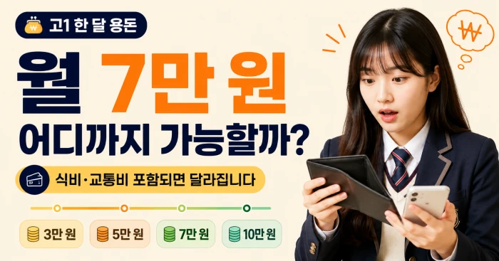 교복을 입은 여학생이 지갑과 휴대전화를 들고 놀란 표정을 짓는 모습과 함께 월 7만 원 용돈으로 어디까지 가능한지 묻는 가로형 이미지