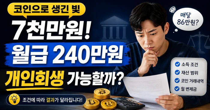 코인으로 생긴 빚 7천만 원과 월급 240만 원 조건에서 개인회생 변제금을 확인하는 직장인