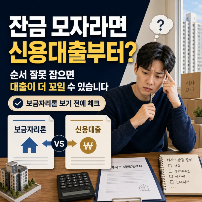 잔금 부족 상황에서 신용대출을 먼저 받을지 고민하는 보금자리론 안내 이미지