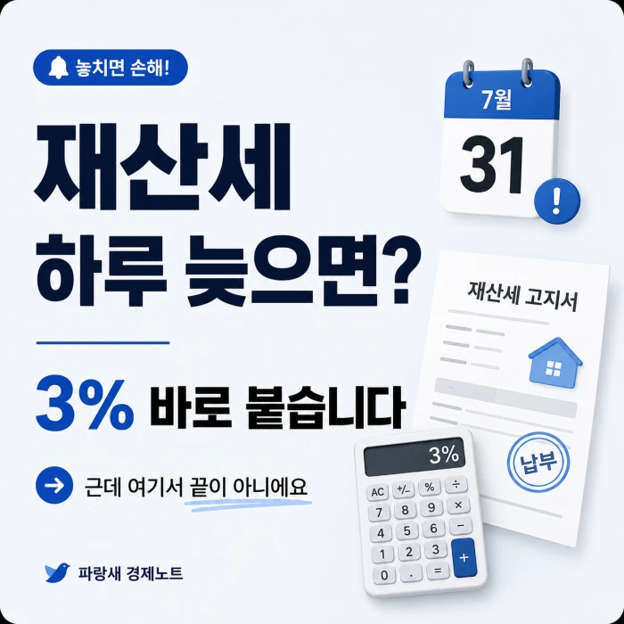 재산세 납부기한을 하루 넘겼을 때 3% 가산세가 붙는 내용을 설명한 이미지