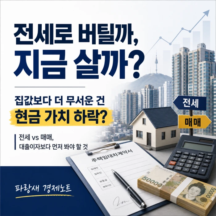 전세로 버틸지 지금 집을 살지 고민하는 내용을 아파트, 계약서, 계산기, 현금 이미지로 표현한 대표이미지