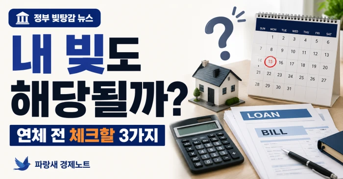 정부 빚탕감 대상과 연체 전 체크할 세 가지를 표현한 이미지