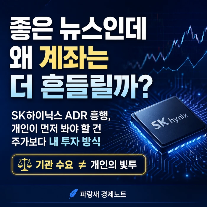 SK하이닉스 ADR 흥행 소식과 개인투자자의 빚투 위험을 설명하는 파랑새 경제노트 이미지