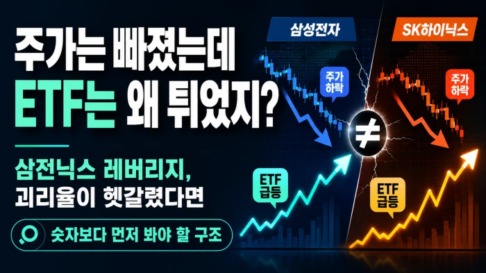 삼성전자와 SK하이닉스 주가는 하락했지만 관련 ETF는 급등한 상황을 비교해 보여주는 가로형 이미지