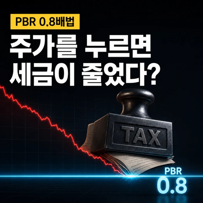 주가 하락선과 세금 도장으로 표현한 주가누르기방지법 PBR 0.8배