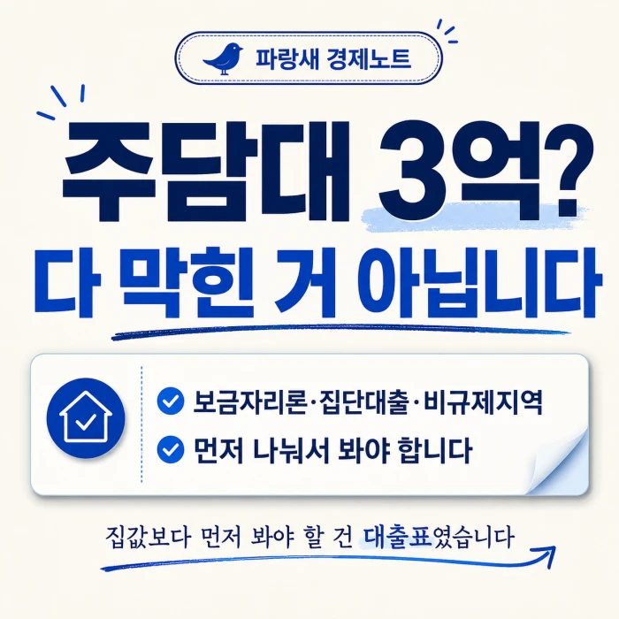 주담대 한도 3억 뉴스와 보금자리론, 집단대출, 비규제지역 주담대를 나눠서 확인해야 한다는 파랑새 경제노트 이미지