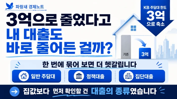 KB 주담대 한도 3억 축소 이후 일반 주담대, 정책대출, 집단대출을 구분해 확인해야 한다는 설명형 경제 이미지