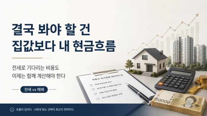 집값보다 내 현금흐름을 봐야 한다는 메시지를 집, 계산기, 현금, 금, 체크리스트로 표현한 부동산 본문 이미지