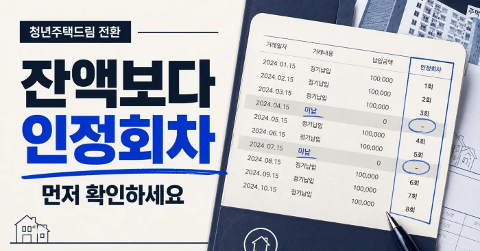 청년주택드림 청약통장 전환 전 잔액보다 인정회차를 먼저 확인해야 한다는 내용을 담은 가로형 이미지