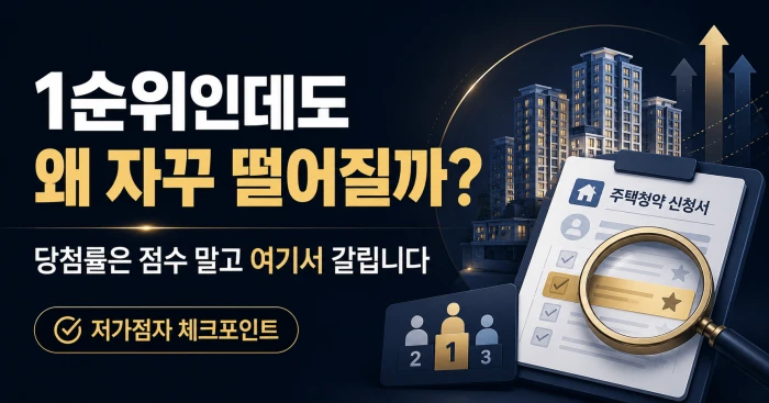1순위인데도 왜 계속 떨어지는지, 청약 당첨률은 점수보다 경쟁군과 신청 조건에서 갈린다는 내용을 강조한 가로형 썸네일 이미지