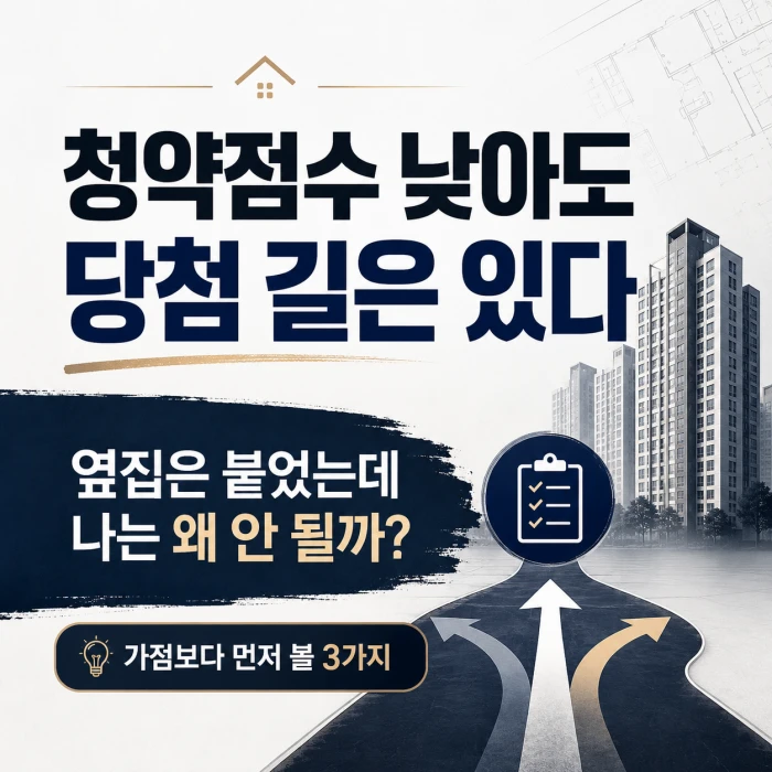 청약 당첨률을 높이기 위해 가점보다 공급유형과 경쟁군 확인이 중요하다는 내용을 담은 정사각형 안내 이미지