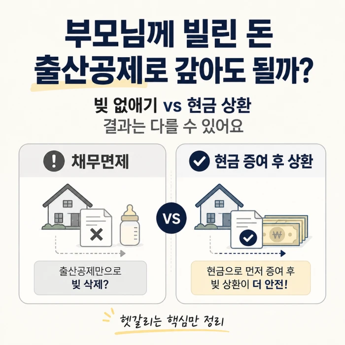 부모님께 빌린 돈을 출산 증여공제로 갚을 수 있는지 채무면제와 현금 증여 후 상환으로 비교한 이미지