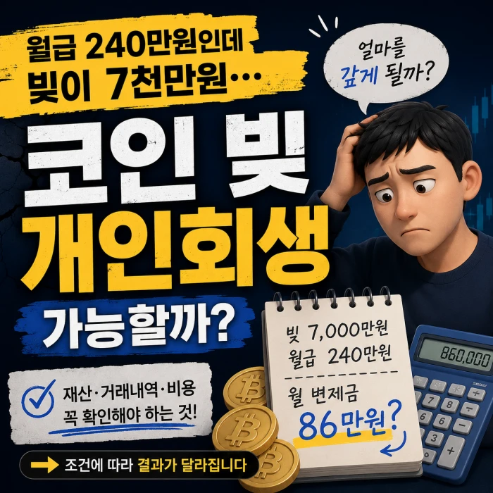 월급 240만 원에 코인 빚 7천만 원이 있는 직장인의 개인회생 가능 여부와 월 변제금 계산