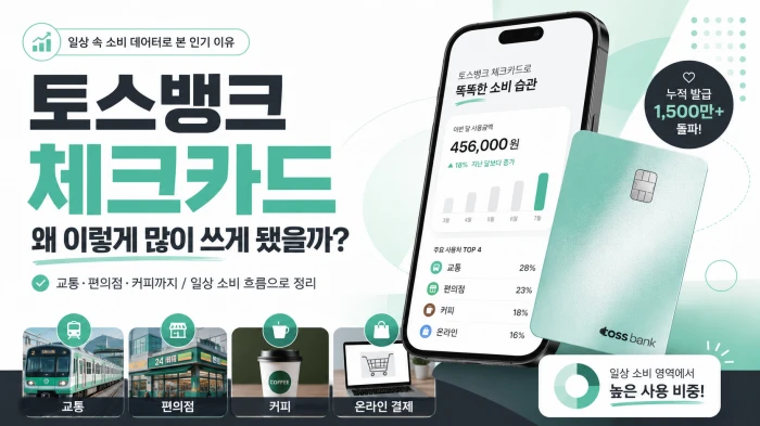 토스뱅크 체크카드가 교통, 편의점, 커피 같은 일상 소비에서 많이 쓰이는 이유를 보여주는 이미지