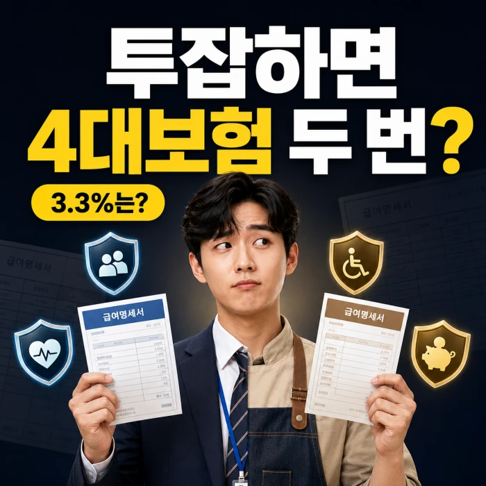 투잡 4대보험 중복가입과 3.3% 차이를 표현한 직장인 이미지