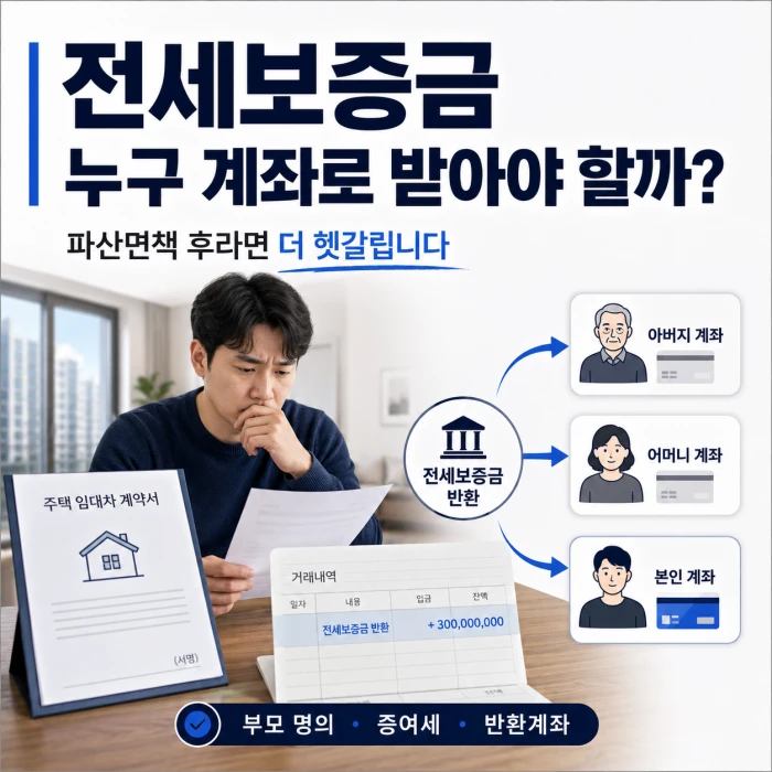 파산면책 후 전세보증금을 아버지·어머니·본인 계좌 중 어디로 받아야 하는지 고민하는 모습