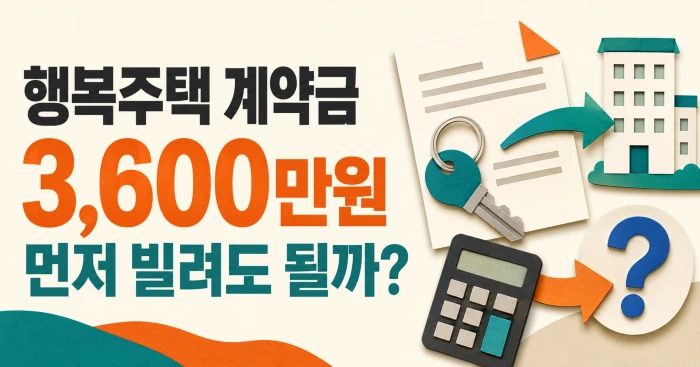 행복주택 계약금 3,600만원과 대출 계획을 나타낸 계약서·열쇠·계산기 그래픽