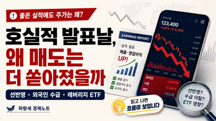 호실적 발표날 왜 매도는 더 쏟아졌을까라는 문구와 스마트폰 주가 차트, 실적 발표 자료, 외국인 수급 질문이 담긴 경제 뉴스 이미지