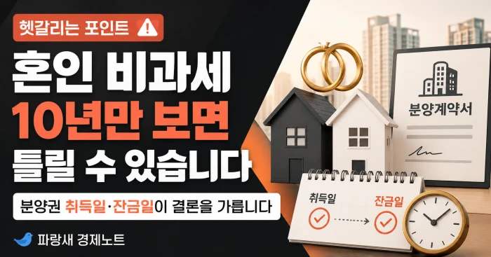 혼인 비과세는 10년 기준만으로 판단하면 틀릴 수 있고, 분양권 취득일과 잔금일이 중요한 기준이 된다는 내용을 담은 가로형 썸네일 이미지