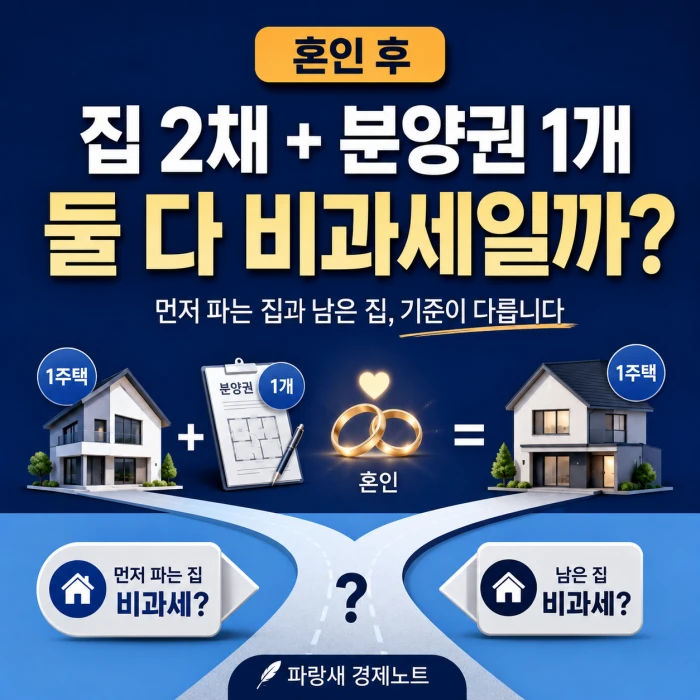 혼인 후 집 2채와 분양권 1개가 있는 경우 두 집 모두 비과세가 가능한지, 먼저 파는 집과 남은 집의 기준이 다르다는 내용을 보여주는 인포그래픽 이미지