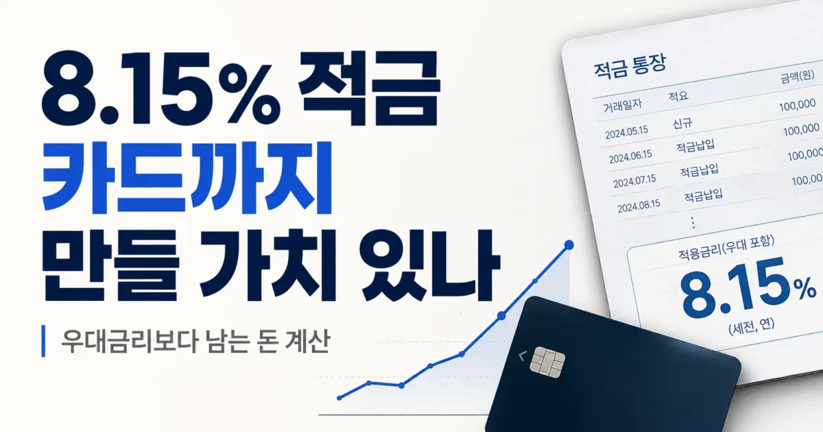 연 8.15% 적금 가입 시 카드 발급과 우대금리 조건의 실익을 따져보자는 가로형 썸네일 이미지. “8.15% 적금 카드까지 만들 가치 있나”라는 문구와 적금 통장, 카드 이미지가 함께 보인다.